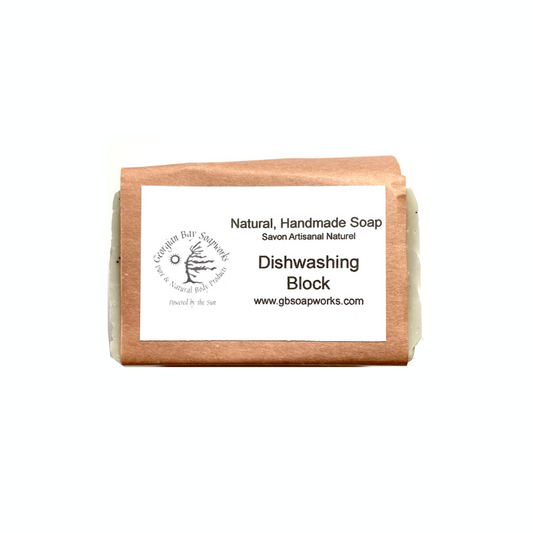 Georgian Bay Soapworks dishwashing block wrapped with a paper sleeve.