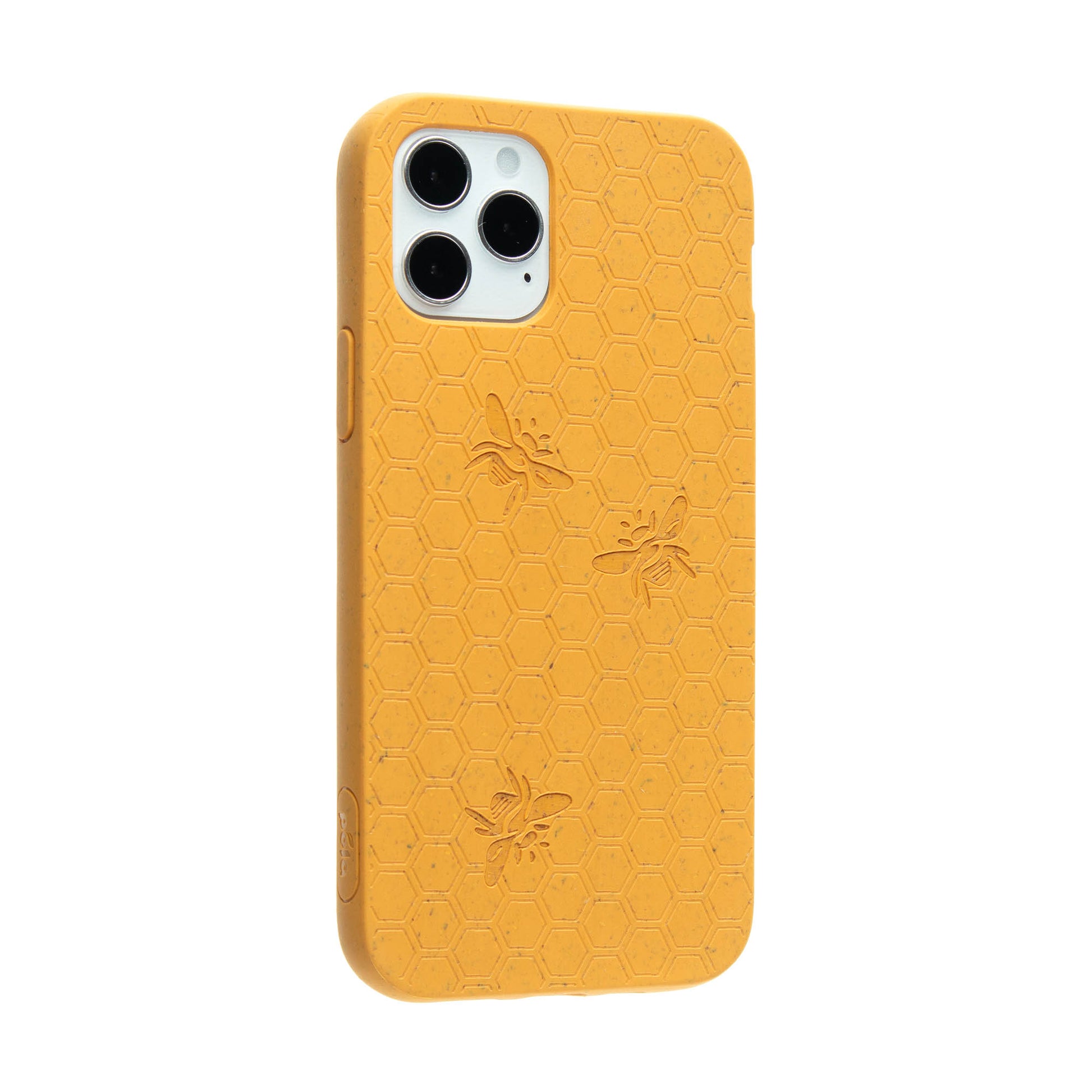 Left sideview of honey bee, honeycomb engraved Pela phone case for the iPhone 12.