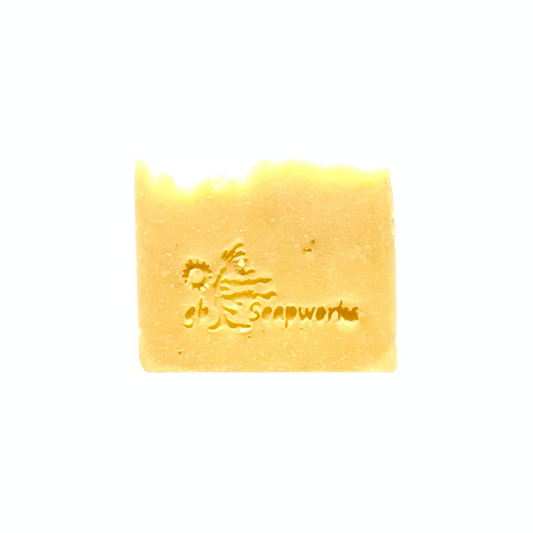 Lemongrass, yellow bar soap with Georgian Bay Soapworks imprinted on the front..