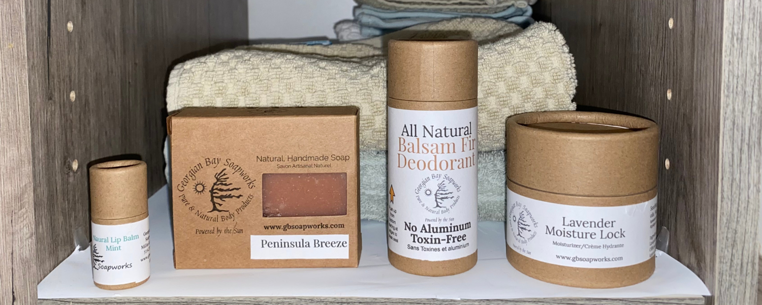 Georgian Bay Soapworks body care collection on shelf.