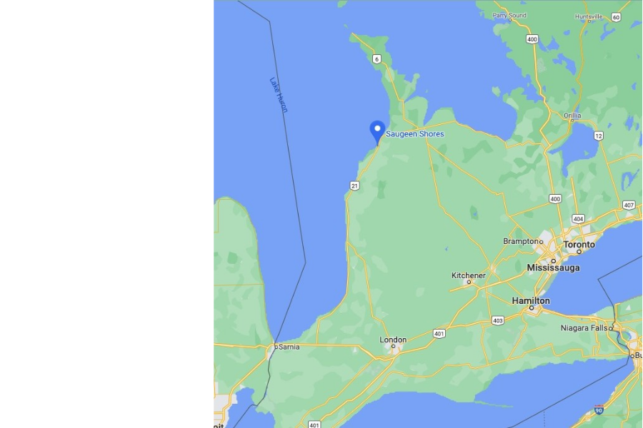 Saugeen Shores on a map of Southern Ontario.