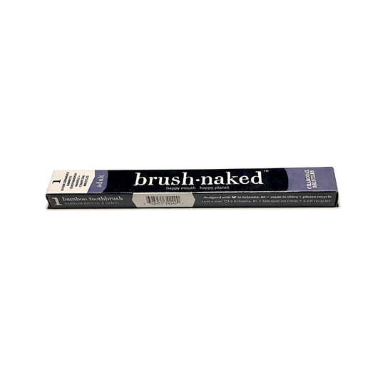 Side view of Brush Naked charcoal bamboo toothbrush box.