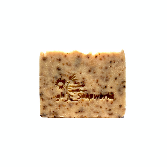 Cinnamon coffee, rectangular bar soap with visible coffee grounds incorporated throughout.