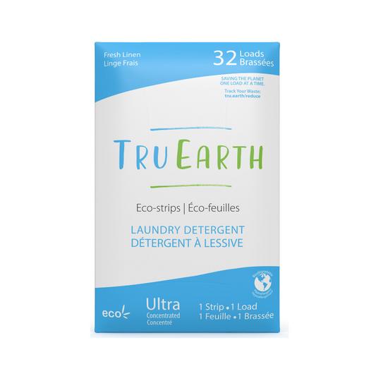 Paper sleeve of 32 Tru Earth fresh linen laundry strips.