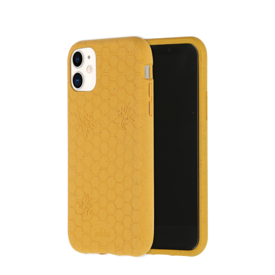 Front and back view of honey bee, honeycomb engraved Pela phone case for the iPhone 11.