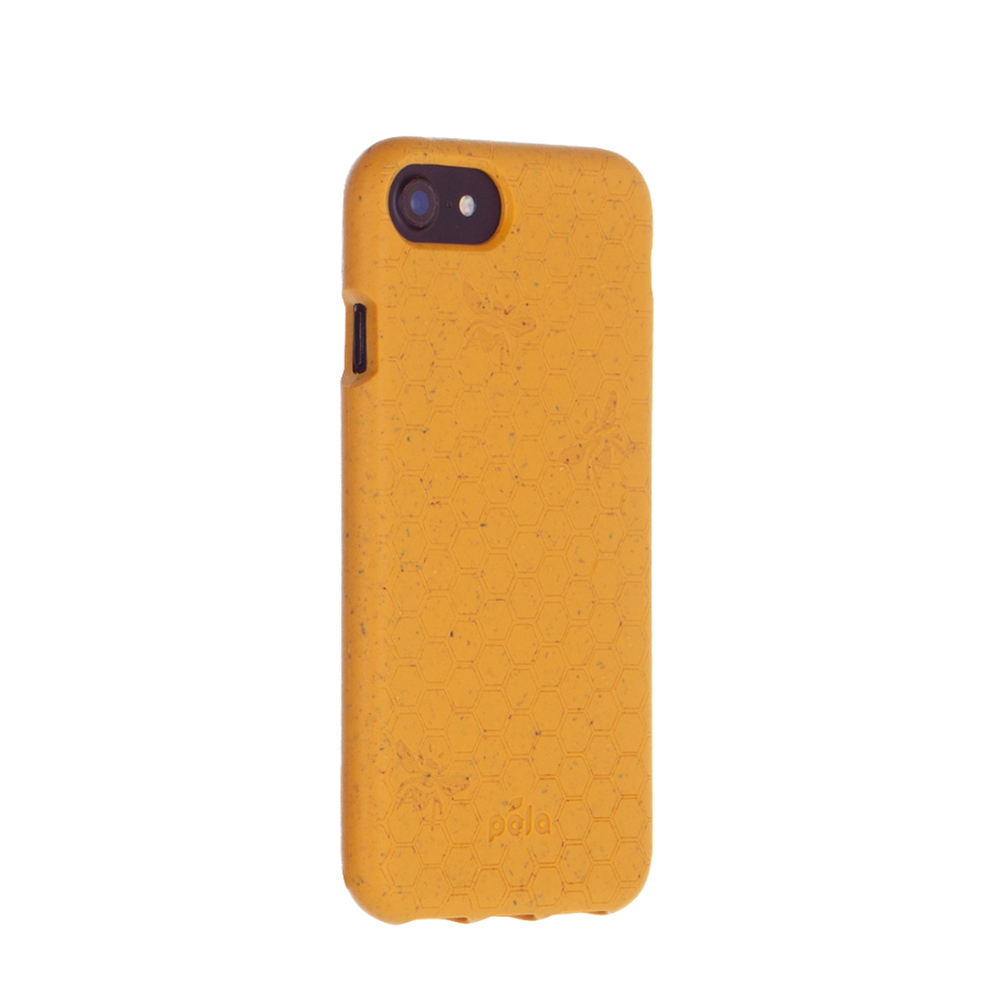 Left sideview of honey bee, honeycomb engraved Pela phone case for the iPhone 6, 7, 8 or SE.