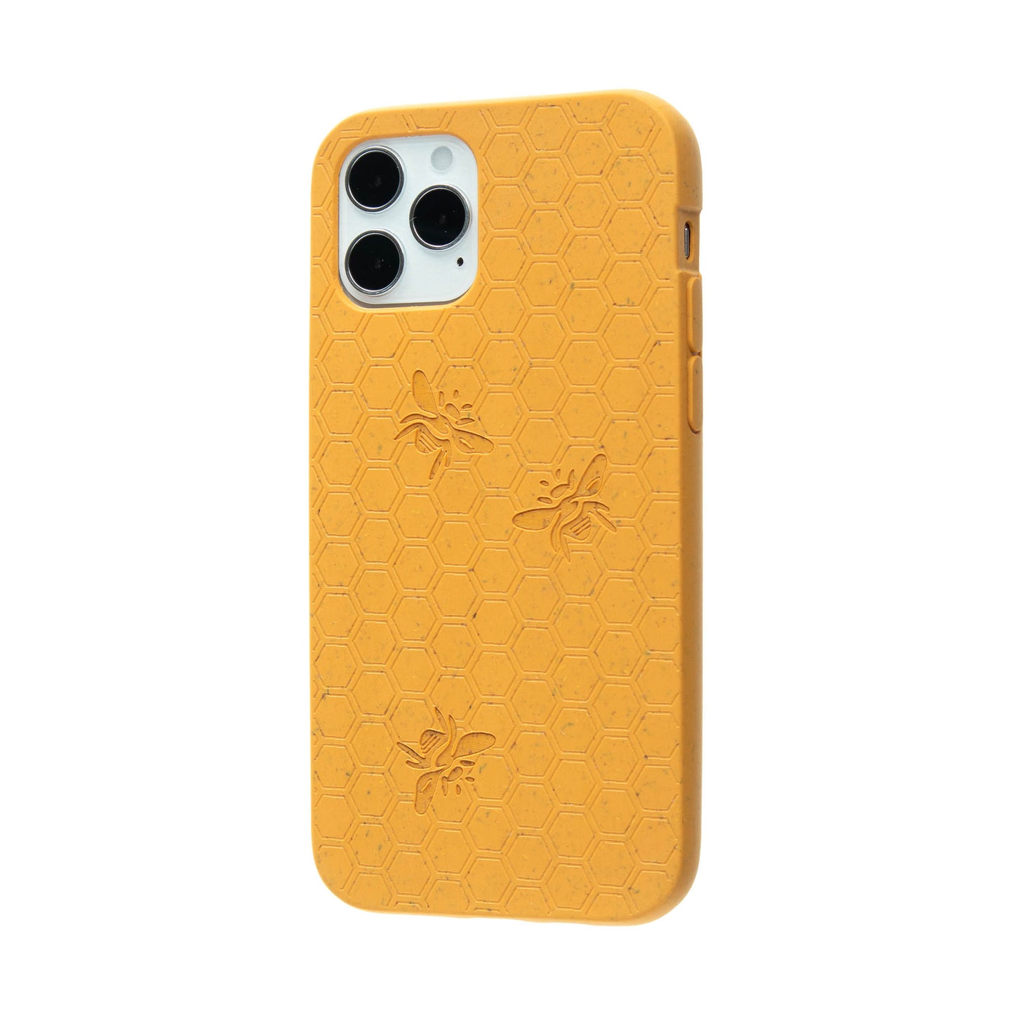 Right sideview of honey bee, honeycomb engraved Pela phone case for the iPhone 12.