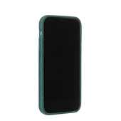 Front left sideview of green summit, evergreen tree engraved Pela phone case for the iPhone 12.