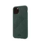 Right sideview of green summit, evergreen tree engraved Pela phone case for the iPhone 11.