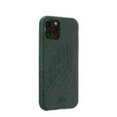 Left sideview of green summit, evergreen tree engraved Pela phone case for the iPhone 11.