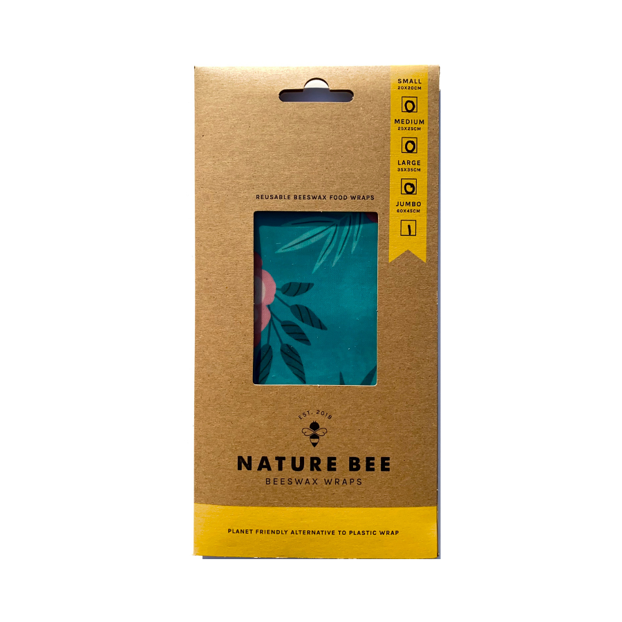 Cardboard sleeve containing jumbo blue flower Nature Bee beeswax wraps.