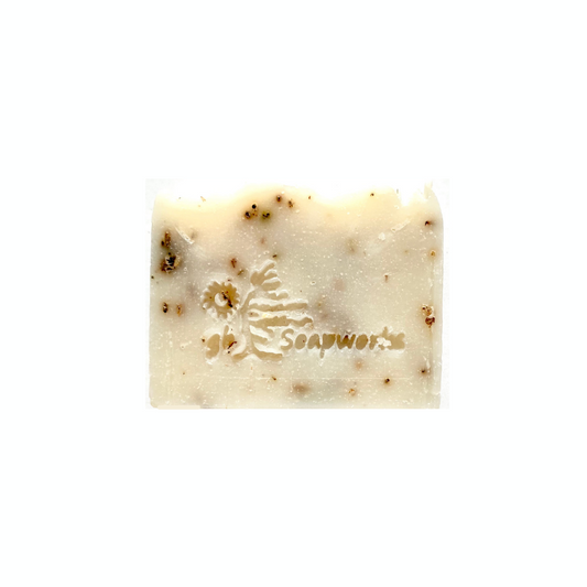 Lavender, rectangular bar soap with Georgian Bay Soapworks imprinted on the front.