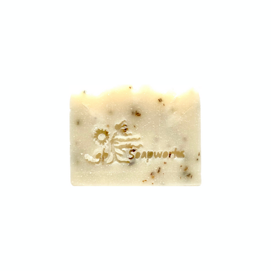 Patchouli, rectangular bar soap with Georgian Bay Soapworks imprinted on the front.