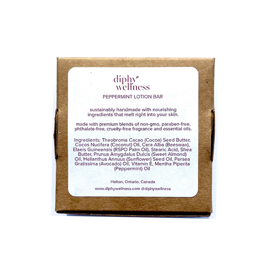 Reverse of Diphy Wellness peppermint lotion bar box.