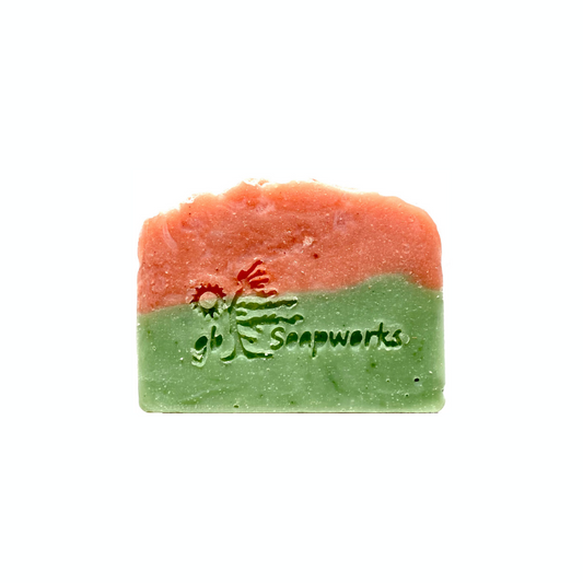 Raspberry mint, rectangular bar soap with a blend of pink and green colouring.