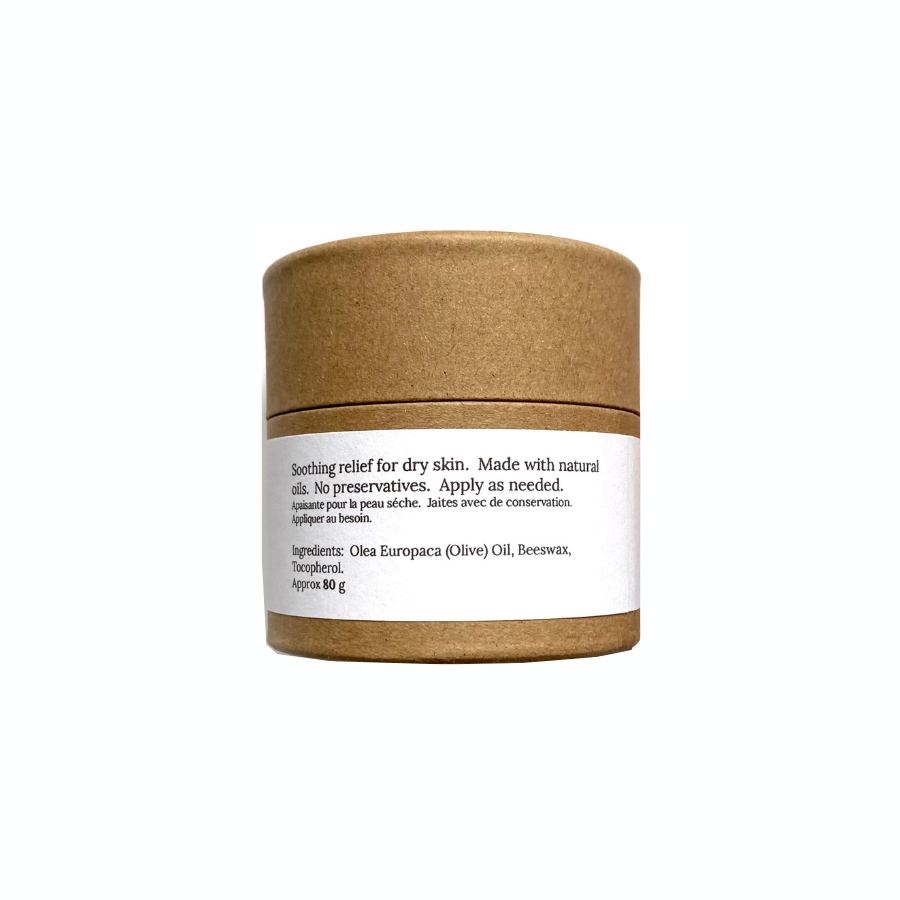 Reverse of Georgian Bay Soapworks scent-free moisturizer in paper jar.