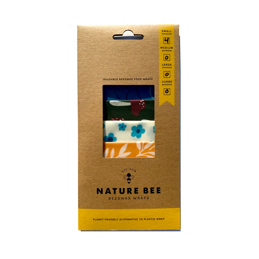 Cardboard sleeve containing small 4-pack of Nature Bee beeswax wraps.