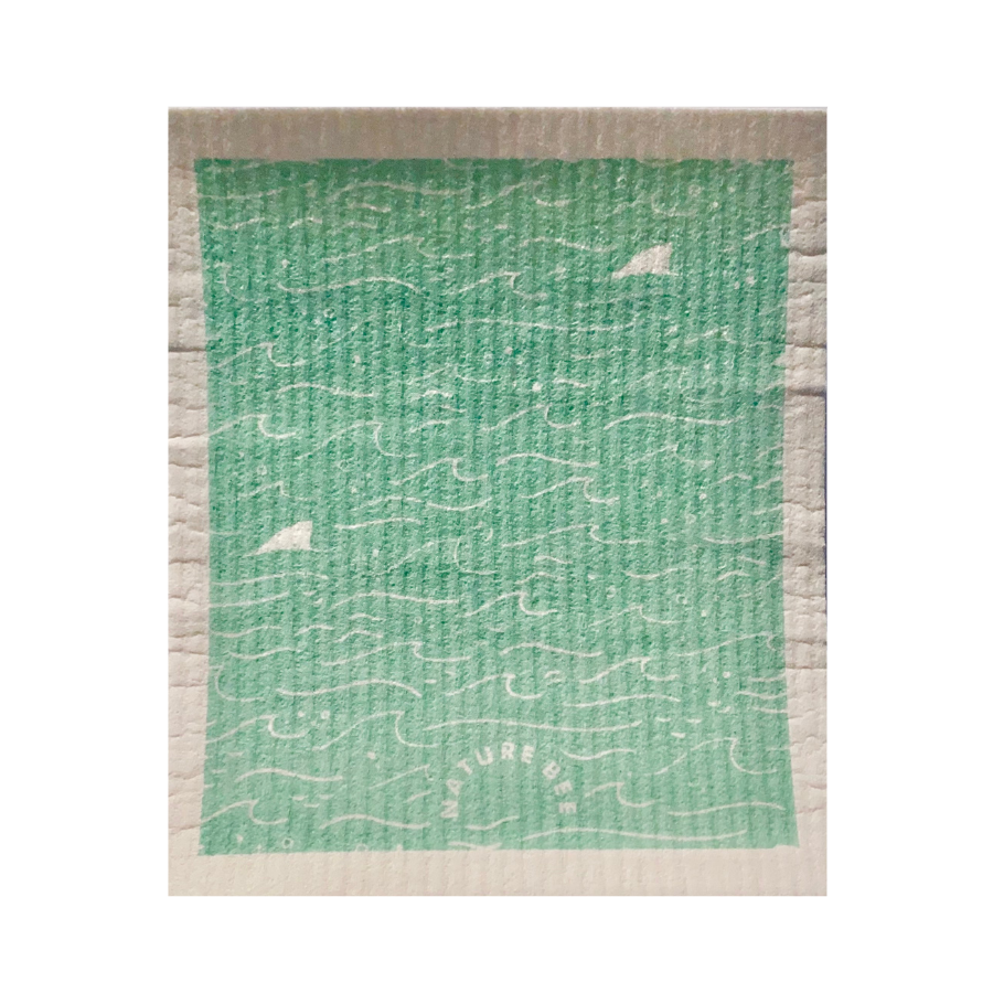 Nature Bee teal wave patterned Swedish dishcloth.