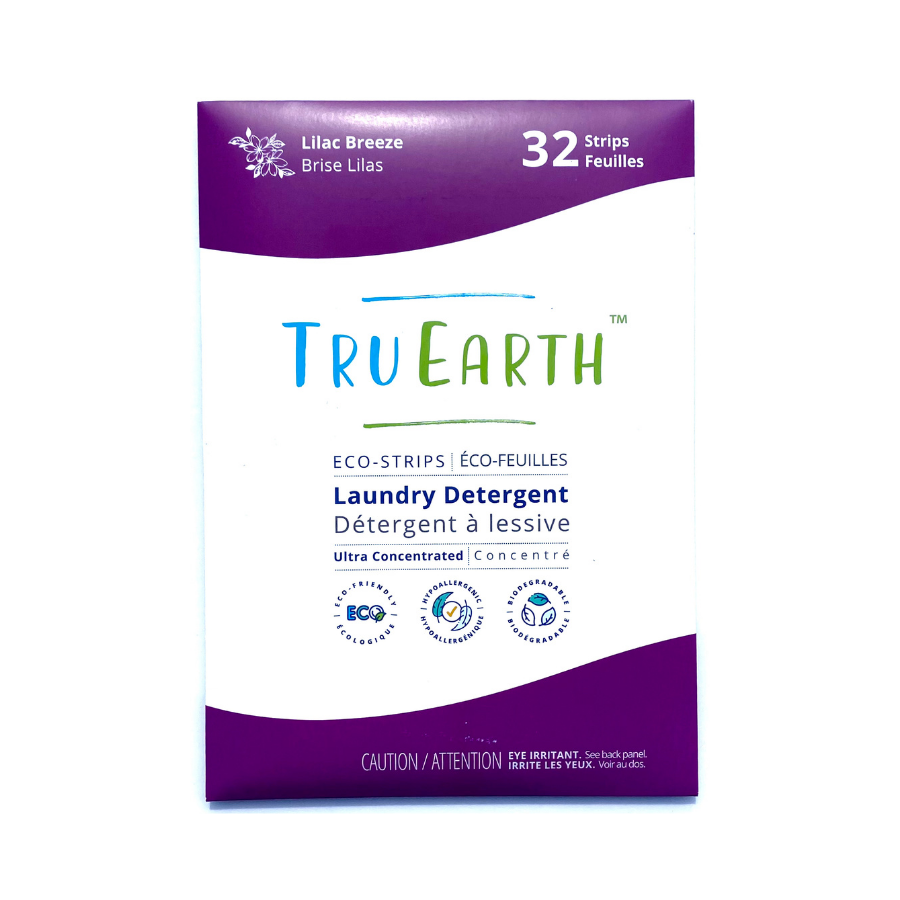 Paper sleeve of 32 Tru Earth lilac breeze laundry strips.