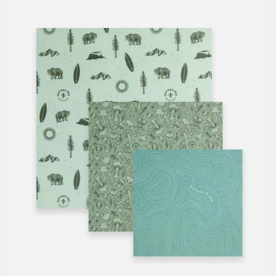 Mint bear patterned, sage mushroom and teal topographic beeswax wraps. 